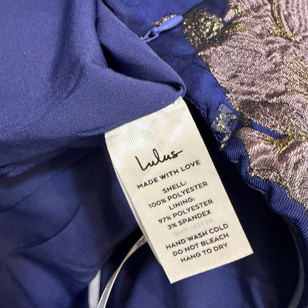 Lulu's Navy Blue Strapless Midi Dress with Metallic Floral Brocade - Picture 7 of 12